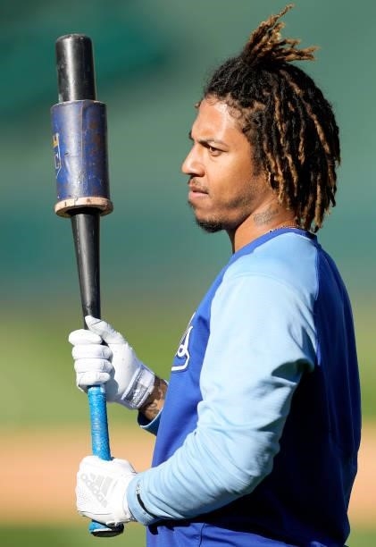 Adalberto Mondesí of the Kansas City Royals looks on during batting practice prior to the start of his game against the Oakland Athletics at...