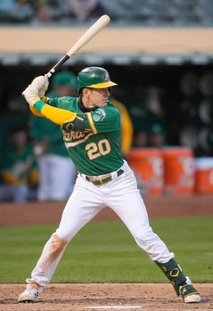 Mark Canha of the Oakland Athletics bats against the Kansas City Royals in the bottom of the six inning at RingCentral Coliseum on June 10, 2021 in...