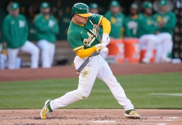 Matt Chapman of the Oakland Athletics bats against the Kansas City Royals in the bottom of the second inning at RingCentral Coliseum on June 10, 2021...