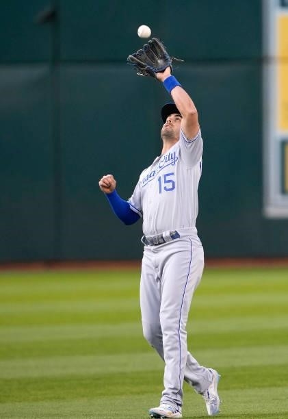 Whit Merrifield of the Kansas City Royals catches a pop-up off the bat of Skye Bolt of the Oakland Athletics in the bottom of the fifth inning at...