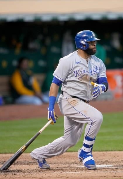 Carlos Santana of the Kansas City Royals bats against the Oakland Athletics in the top of the six inning at RingCentral Coliseum on June 10, 2021 in...
