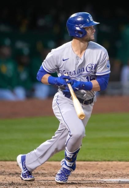 Andrew Benintendi of the Kansas City Royals bats against the Oakland Athletics in the top of the seventh inning at RingCentral Coliseum on June 10,...