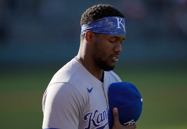 Jorge Soler of the Kansas City Royals stands holding his hat during the playing of the National Anthem prior to the start of his game against the...