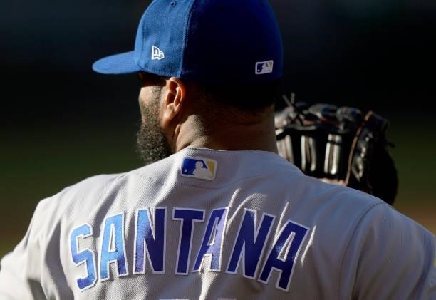 Carlos Santana of the Kansas City Royals warms up prior to the start of his game against the Oakland Athletics at RingCentral Coliseum on June 10,...
