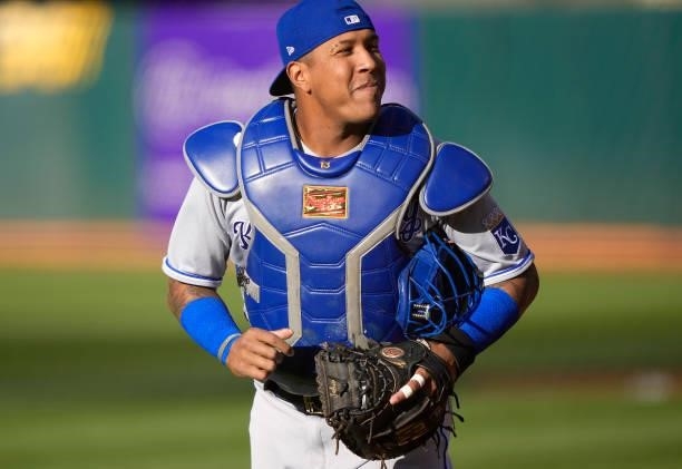 Salvador Perez of the Kansas City Royals runs in from the bullpen prior to the start of his game against the Oakland Athletics at RingCentral...