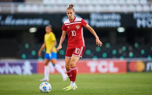 Nadezhda Smirnova of Russia in action during the Women's International friendly match between Brazil and Russia at Estadio Cartagonova on June 11,...
