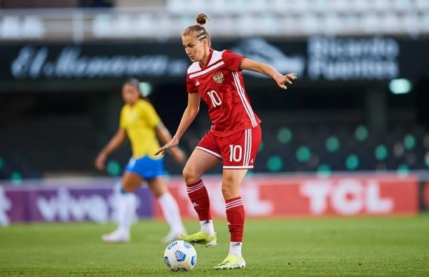 Nadezhda Smirnova of Russia in action during the Women's International friendly match between Brazil and Russia at Estadio Cartagonova on June 11,...
