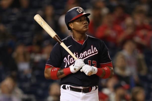 Starlin Castro of the Washington Nationals reacts after striking out against the San Francisco Giants during the fifth inning at Nationals Park on...