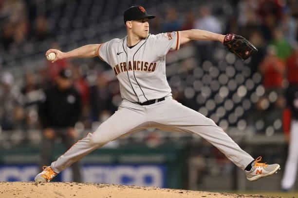 Starting pitcher Anthony DeSclafani of the San Francisco Giants works the ninth inning against the Washington Nationals at Nationals Park on June 11,...