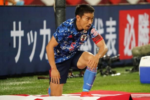 Yuto Nagatomo of Japan reacts during the international friendly match between Japan and Serbia at Noevir Setadium Kobe on June 11, 2021 in Kobe,...