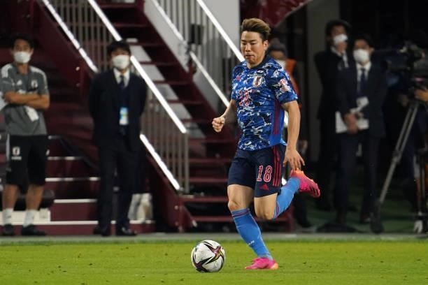 Takuma Asano of Japan in action during the international friendly match between Japan and Serbia at Noevir Stadium Kobe on June 11, 2021 in Kobe,...