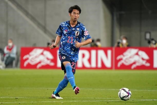 Hayao Kawabe of Japan in action during the international friendly match between Japan and Serbia at Noevir Stadium Kobe on June 11, 2021 in Kobe,...