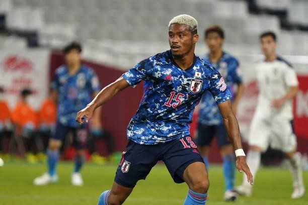 Ado Onaiwu of Japan in action during the international friendly match between Japan and Serbia at Noevir Stadium Kobe on June 11, 2021 in Kobe,...
