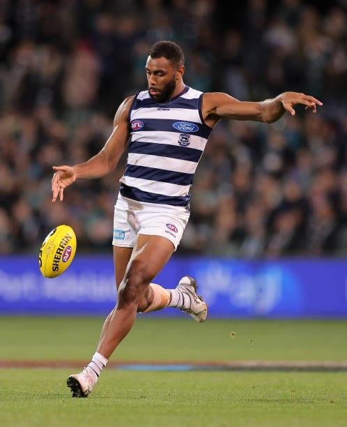 Esava Ratugolea of the Cats kicks the ball during the round 13 AFL match between the Port Adelaide Power and the Geelong Cats at Adelaide Oval on...