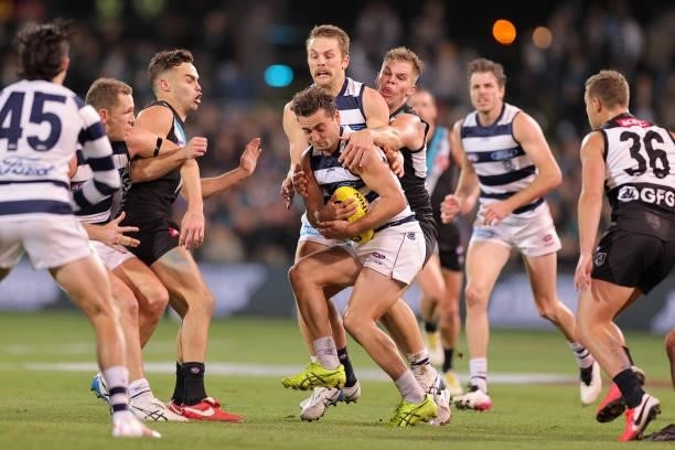 Luke Dahlhaus of the Cats competes for the ball during the round 13 AFL match between the Port Adelaide Power and the Geelong Cats at Adelaide Oval...