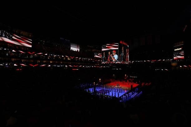 View of State Farm Arena during the National Anthem prior to game 3 of the Eastern Conference Semifinals between the Atlanta Hawks and the...