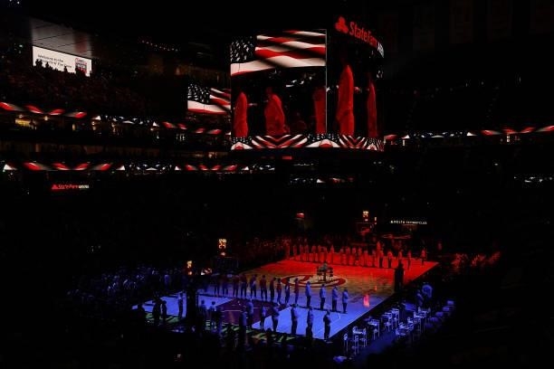 View of State Farm Arena during the National Anthem prior to game 3 of the Eastern Conference Semifinals between the Atlanta Hawks and the...