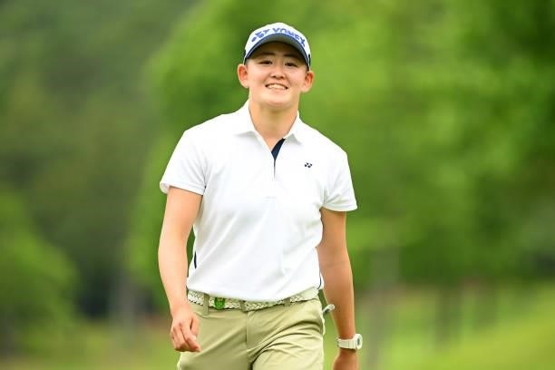 Amateur Akie Iwai of Japan smiles after the birdie on the 17th green during the third round of the Ai Miyazato Suntory Ladies Open at Rokko Kokusai...