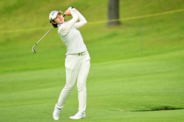 Rie Tsuji of Japan hits her third shot on the 17th hole during the third round of the Ai Miyazato Suntory Ladies Open at Rokko Kokusai Golf Club on...