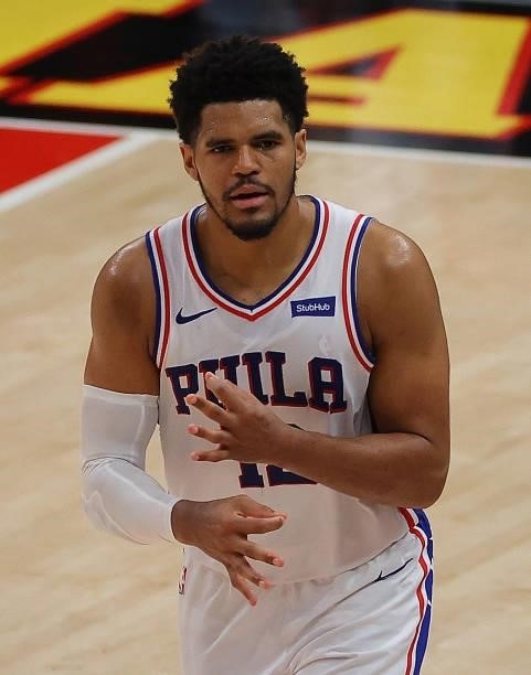 Tobias Harris of the Philadelphia 76ers reacts after hitting a three-point basket against the Atlanta Hawks during the second half of game 3 of the...