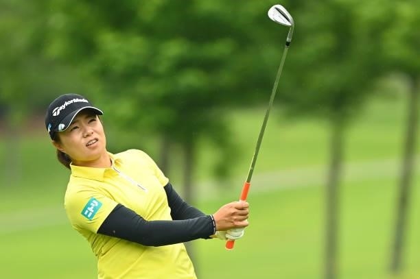 Saki Nagamine of Japan hits her third shot on the 17th hole during the third round of the Ai Miyazato Suntory Ladies Open at Rokko Kokusai Golf Club...