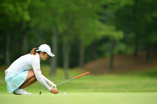 Ayaka Watanabe of Japan lines up a putt on the 17th green during the third round of the Ai Miyazato Suntory Ladies Open at Rokko Kokusai Golf Club on...