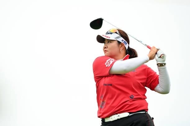 Miki Sakai of Japan hits her tee shot on the 13th hole during the third round of the Ai Miyazato Suntory Ladies Open at Rokko Kokusai Golf Club on...