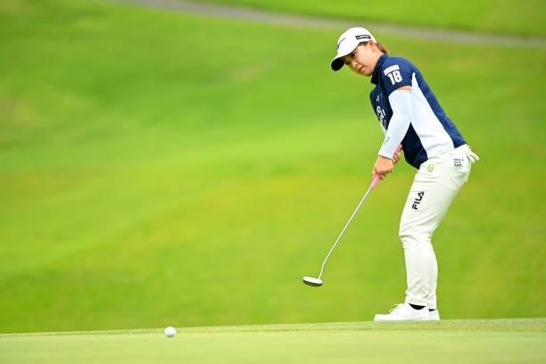 Mao Saigo of Japan attempts a putt on the 6th green during the third round of the Ai Miyazato Suntory Ladies Open at Rokko Kokusai Golf Club on June...