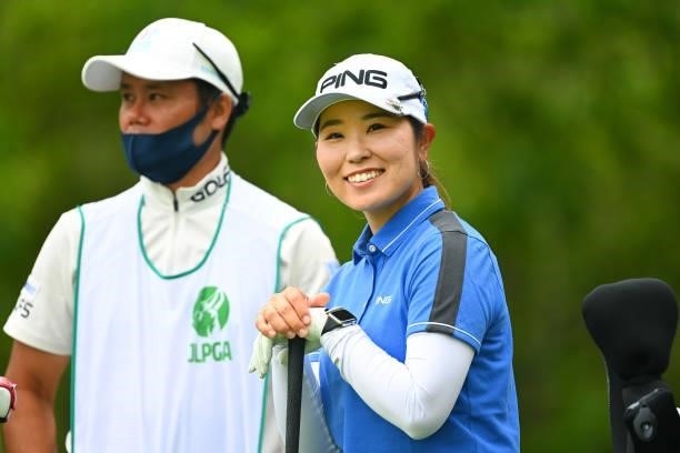 Mamiko Higa of Japan smiles on the 7th tee during the third round of the Ai Miyazato Suntory Ladies Open at Rokko Kokusai Golf Club on June 12, 2021...