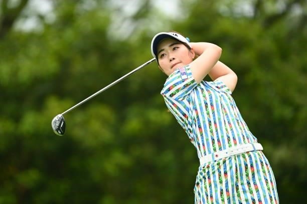 Nozomi Uetake of Japan hits her tee shot on the 7th hole during the third round of the Ai Miyazato Suntory Ladies Open at Rokko Kokusai Golf Club on...