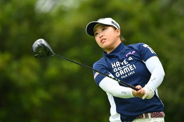 Mao Saigo of Japan hits her tee shot on the 7th hole during the third round of the Ai Miyazato Suntory Ladies Open at Rokko Kokusai Golf Club on June...
