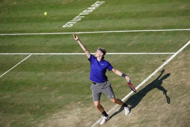 Denis Shapovalov of Canada makes a service during his match against Marin Cilic of Croatia during day 5 of the MercedesCup at Tennisclub Weissenhof...