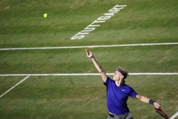 Denis Shapovalov of Canada makes a service during his match against Marin Cilic of Croatia during day 5 of the MercedesCup at Tennisclub Weissenhof...