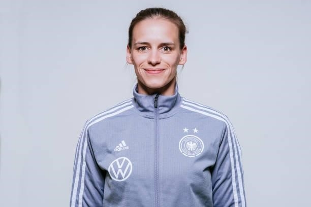 Physiotherapist Karolin Wegjan poses during the U17 Germany Girls team presentation on June 11, 2021 in Ostfildern, Germany.