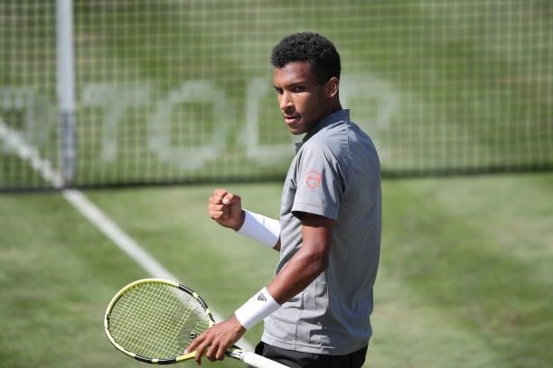 Felix Auger-Aliassime of Canada celebrates after winning his match against Ugo Humbert of France during day 5 of the MercedesCup at Tennisclub...