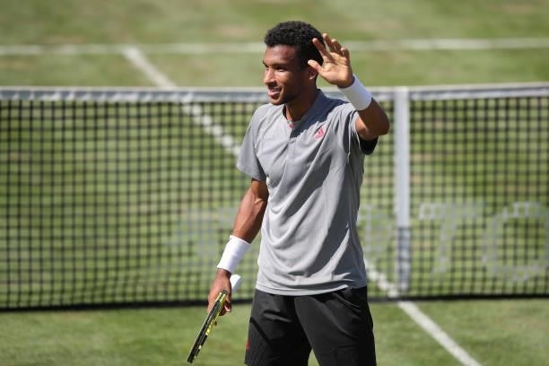 Felix Auger-Aliassime of Canada celebrates after winning his match against Ugo Humbert of France during day 5 of the MercedesCup at Tennisclub...