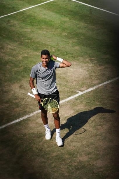Felix Auger-Aliassime of Canada is seen during his match against Ugo Humbert of France during day 5 of the MercedesCup at Tennisclub Weissenhof on...