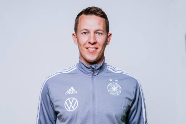 Goalkeeper coach Aaron Bohnes poses during the U17 Germany Girls team presentation on June 11, 2021 in Ostfildern, Germany.