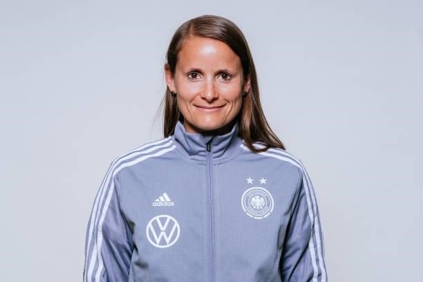 Equipment manager Jennifer Schröder poses during the U17 Germany Girls team presentation on June 11, 2021 in Ostfildern, Germany.