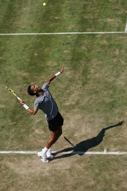 Felix Auger-Aliassime of Canada makes a service during his match against Ugo Humbert of France during day 5 of the MercedesCup at Tennisclub...