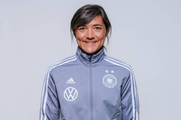 Head coach Sabine Loderer poses during the U17 Germany Girls team presentation on June 11, 2021 in Ostfildern, Germany.