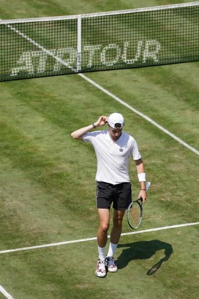 Ugo Humbert of France reacts during his match against Felix Auger-Aliassime of Canada during day 5 of the MercedesCup at Tennisclub Weissenhof on...