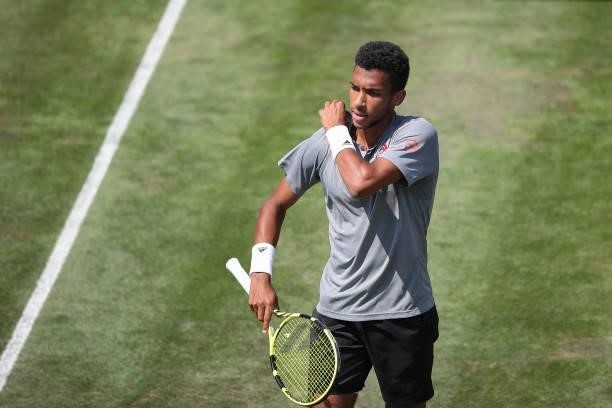 Felix Auger-Aliassime of Canada reacts during his match against Ugo Humbert of France during day 5 of the MercedesCup at Tennisclub Weissenhof on...