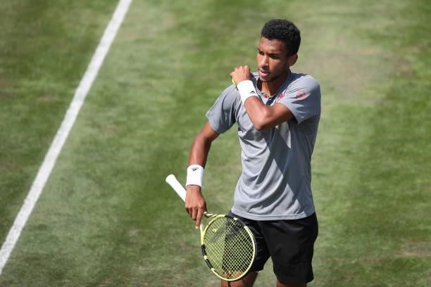 Felix Auger-Aliassime of Canada reacts during his match against Ugo Humbert of France during day 5 of the MercedesCup at Tennisclub Weissenhof on...