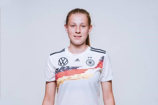 Emilia Deppe poses during the U17 Germany Girls team presentation on June 11, 2021 in Ostfildern, Germany.