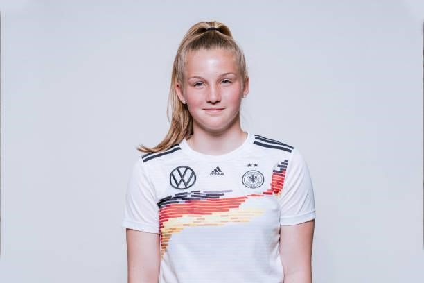 Jil Frehse poses during the U17 Germany Girls team presentation on June 11, 2021 in Ostfildern, Germany.