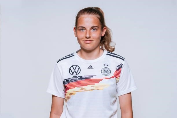 Lisa Gora poses during the U17 Germany Girls team presentation on June 11, 2021 in Ostfildern, Germany.