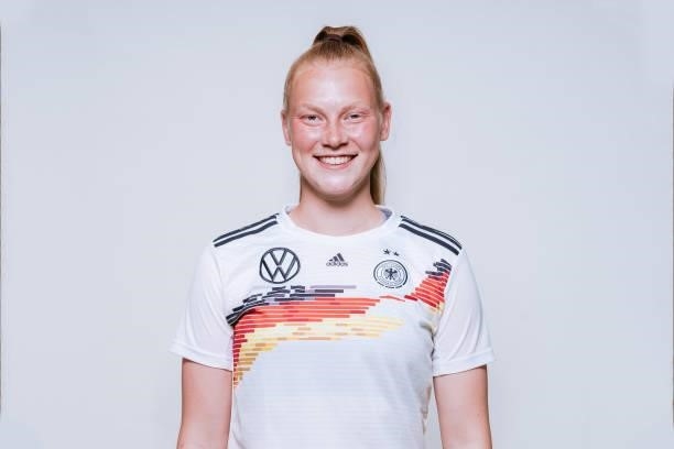Antonia Haase poses during the U17 Germany Girls team presentation on June 11, 2021 in Ostfildern, Germany.