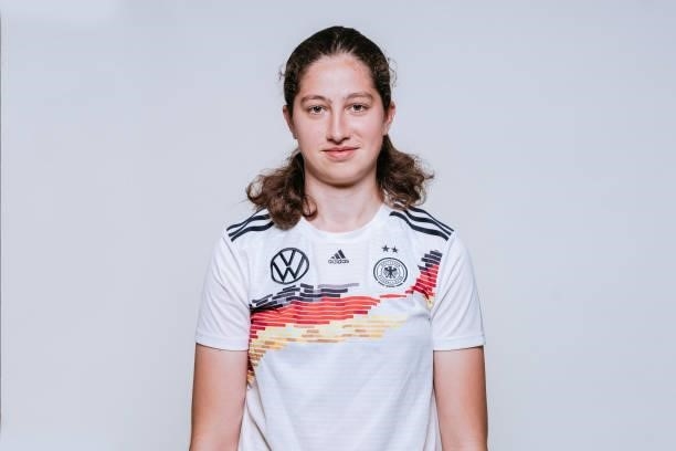 Emma Kusch poses during the U17 Germany Girls team presentation on June 11, 2021 in Ostfildern, Germany.