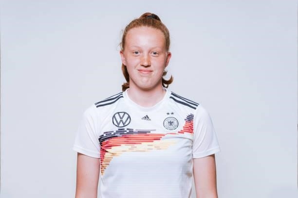 Laura Pucks poses during the U17 Germany Girls team presentation on June 11, 2021 in Ostfildern, Germany.